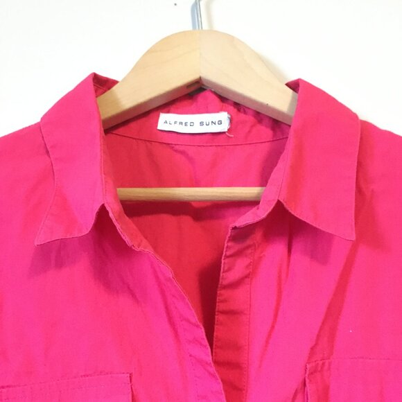 Brilliant Pink Cotton Button Down 3/4 Flare Sleeve Dress Shirt - Picture 3 of 15